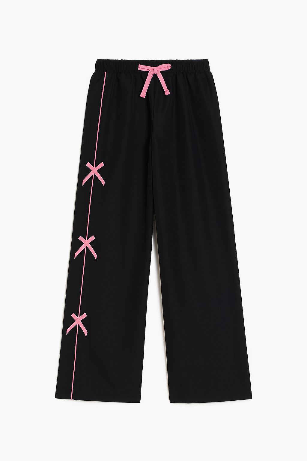 Black Wide-Leg Pants with Pink Bow Accents