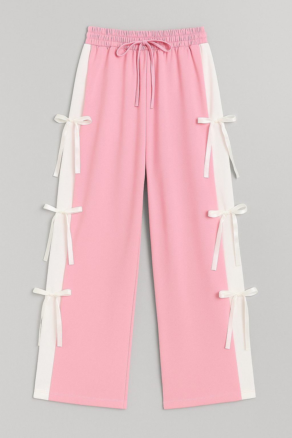 Pastel Pink Ribbon Tie Pants with White Side Stripes