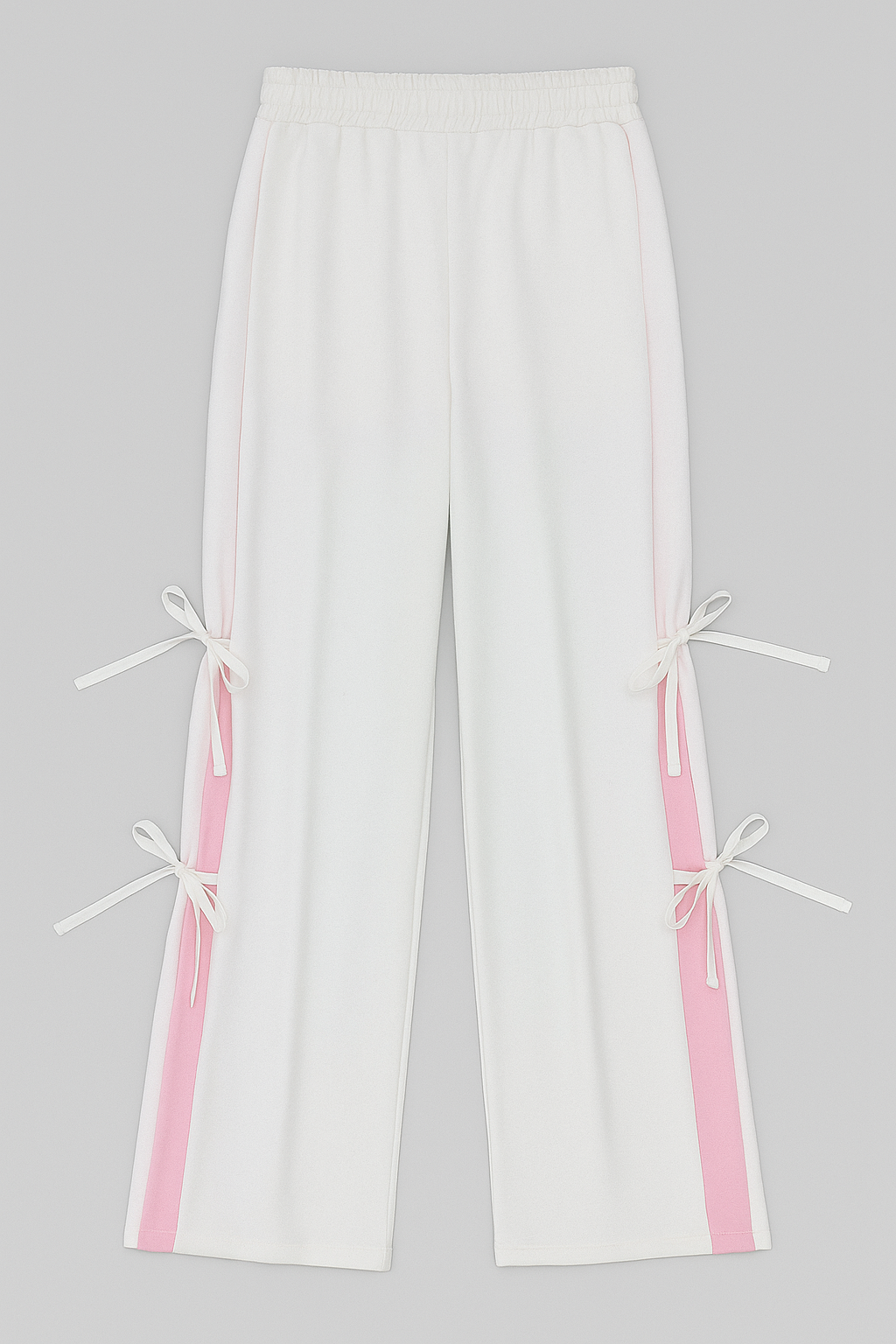 White Wide-Leg Pants with Baby Pink Side Panels & Bows