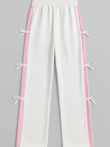 White Wide-Leg Pants with Baby Pink Side Panels & Bows