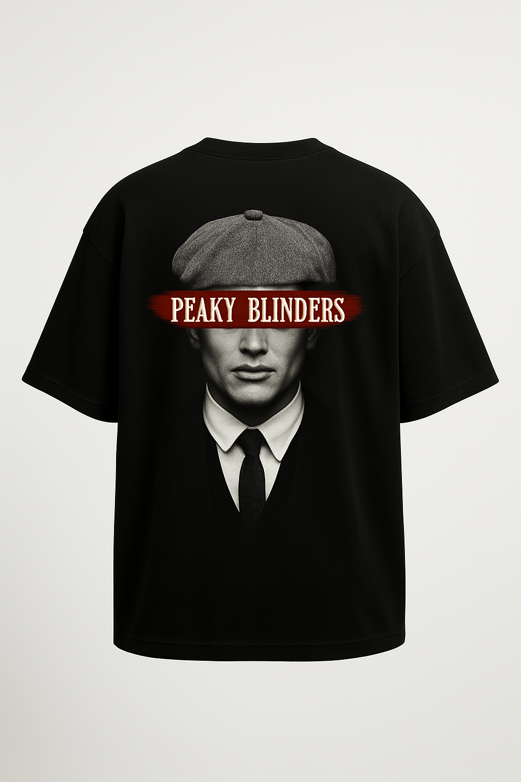 Black t shirt for men featuring Peaky Blinders graphic print with character wearing a cap and suit