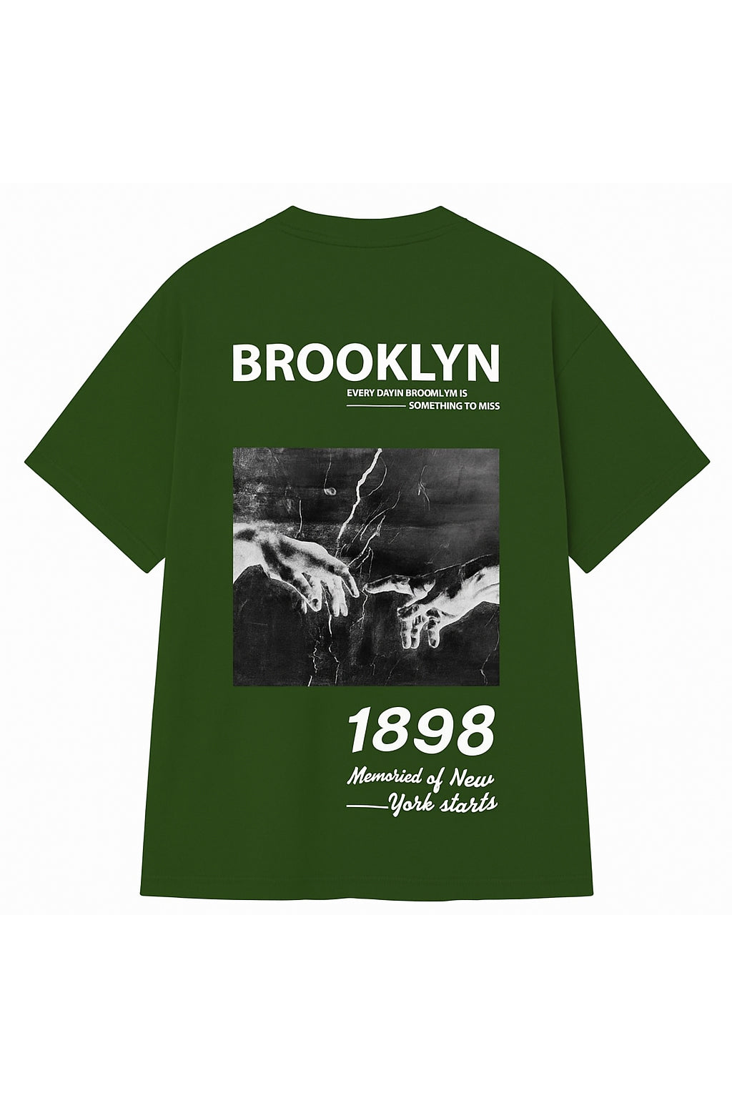 Green Brooklyn graphic t-shirt with black and white artistic hand design and text print