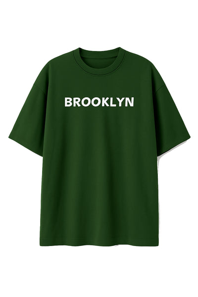 Dark green Brooklyn graphic t-shirt with white text and classic crew neck design