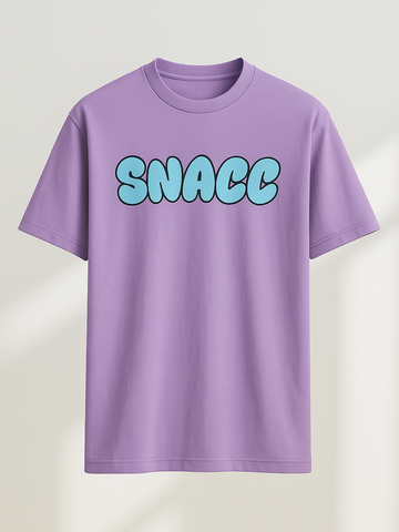 Lavender graphic tee with bold blue SNACC text printed on front with short sleeves