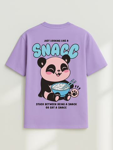 Lavender graphic tee with cute panda eating rice bowl and snack-themed text design