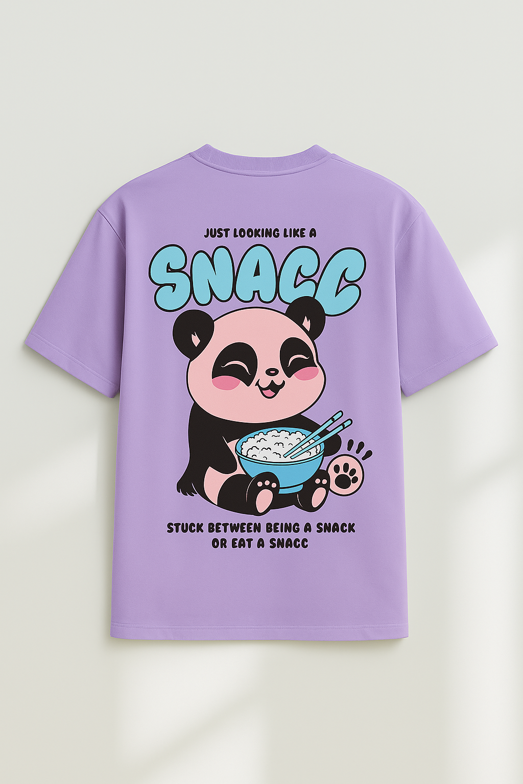 Lavender graphic tee with cute panda eating rice bowl and snack-themed text design