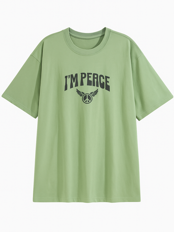 Light olive green t-shirt with I’m Peace graphic and peace symbol on front