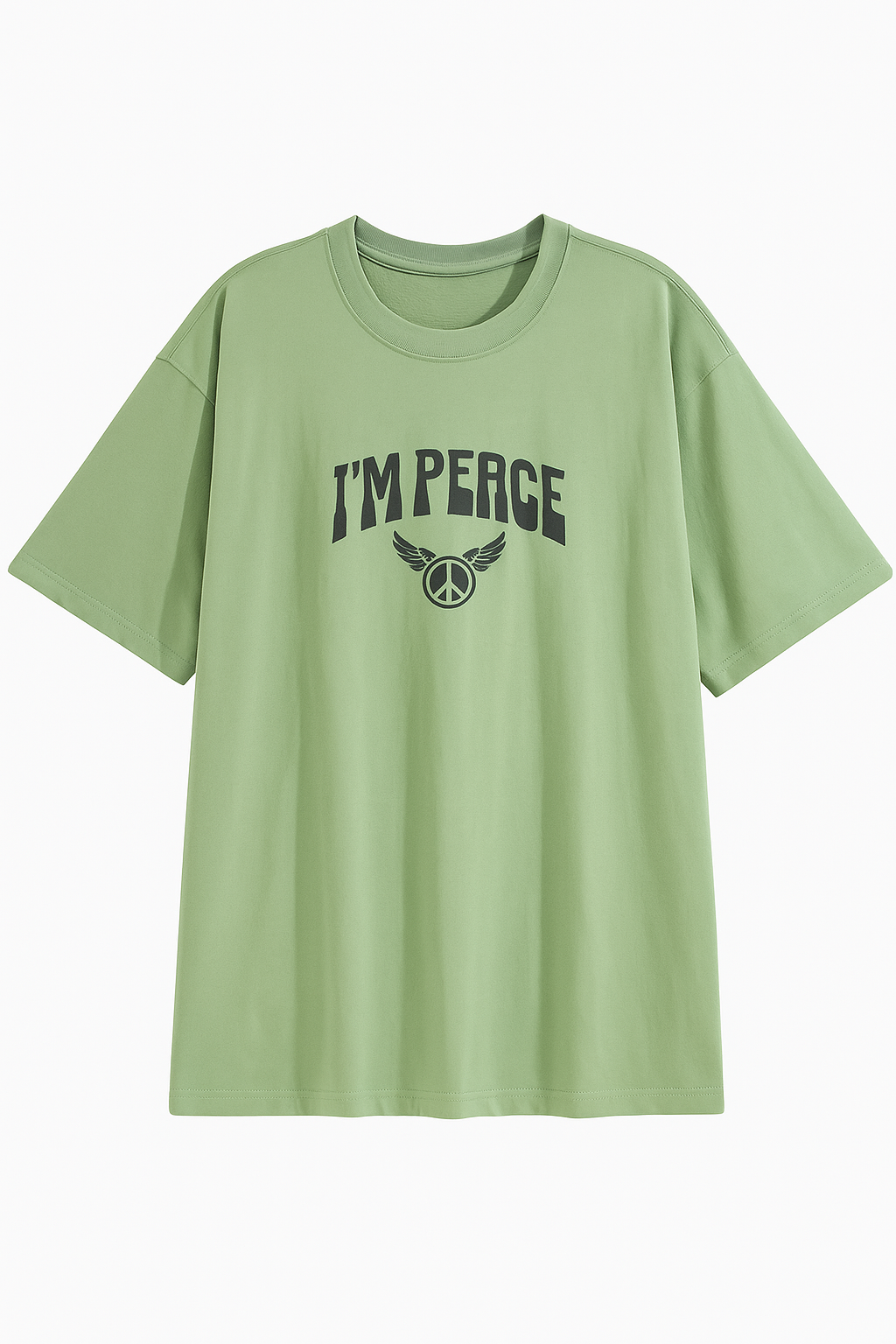 Light olive green t-shirt with I’m Peace graphic and peace symbol on front
