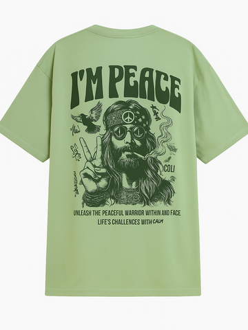 Light olive green t-shirt with peace warrior graphic and text I'm Peace on the back