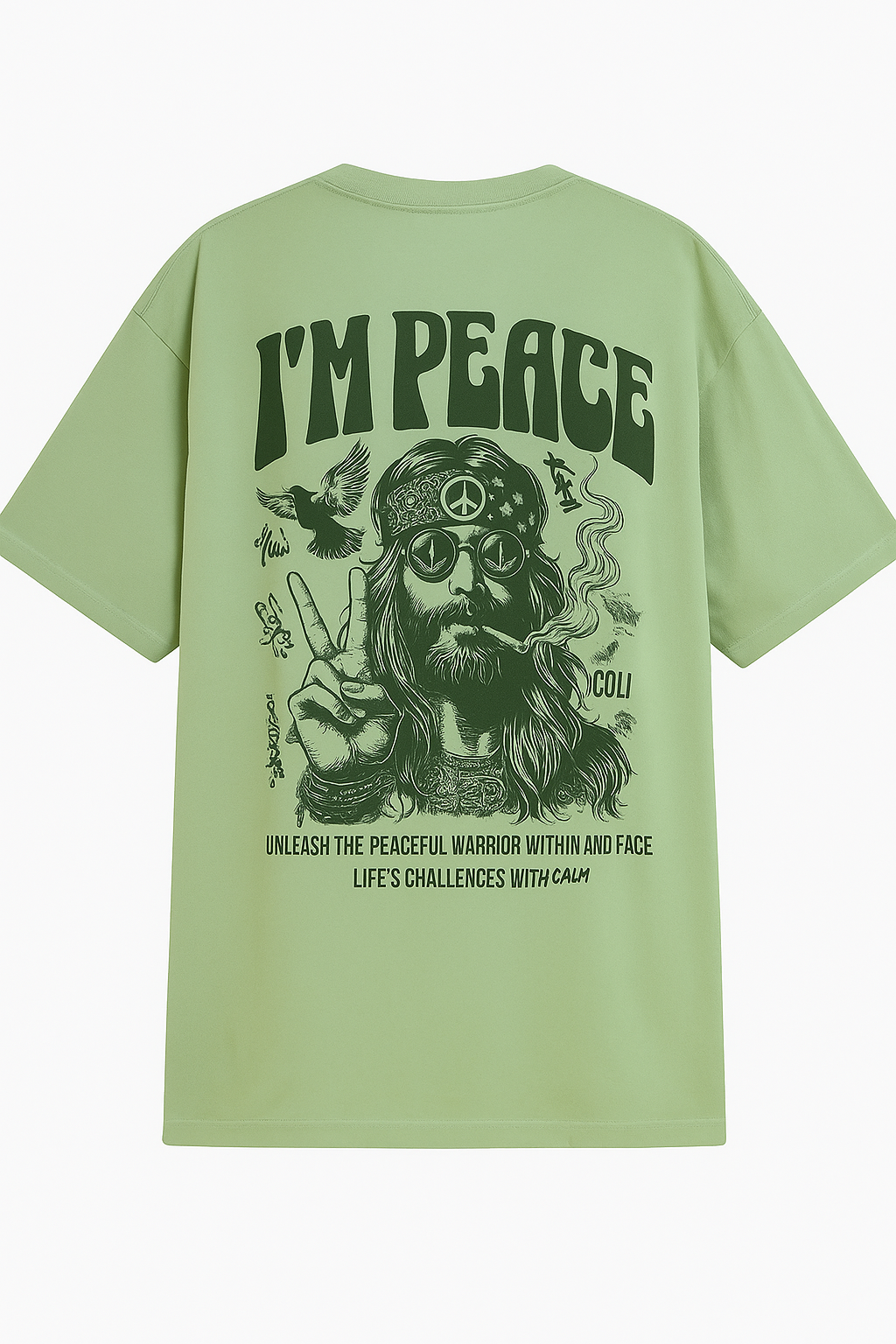Light olive green t-shirt with peace warrior graphic and text I'm Peace on the back