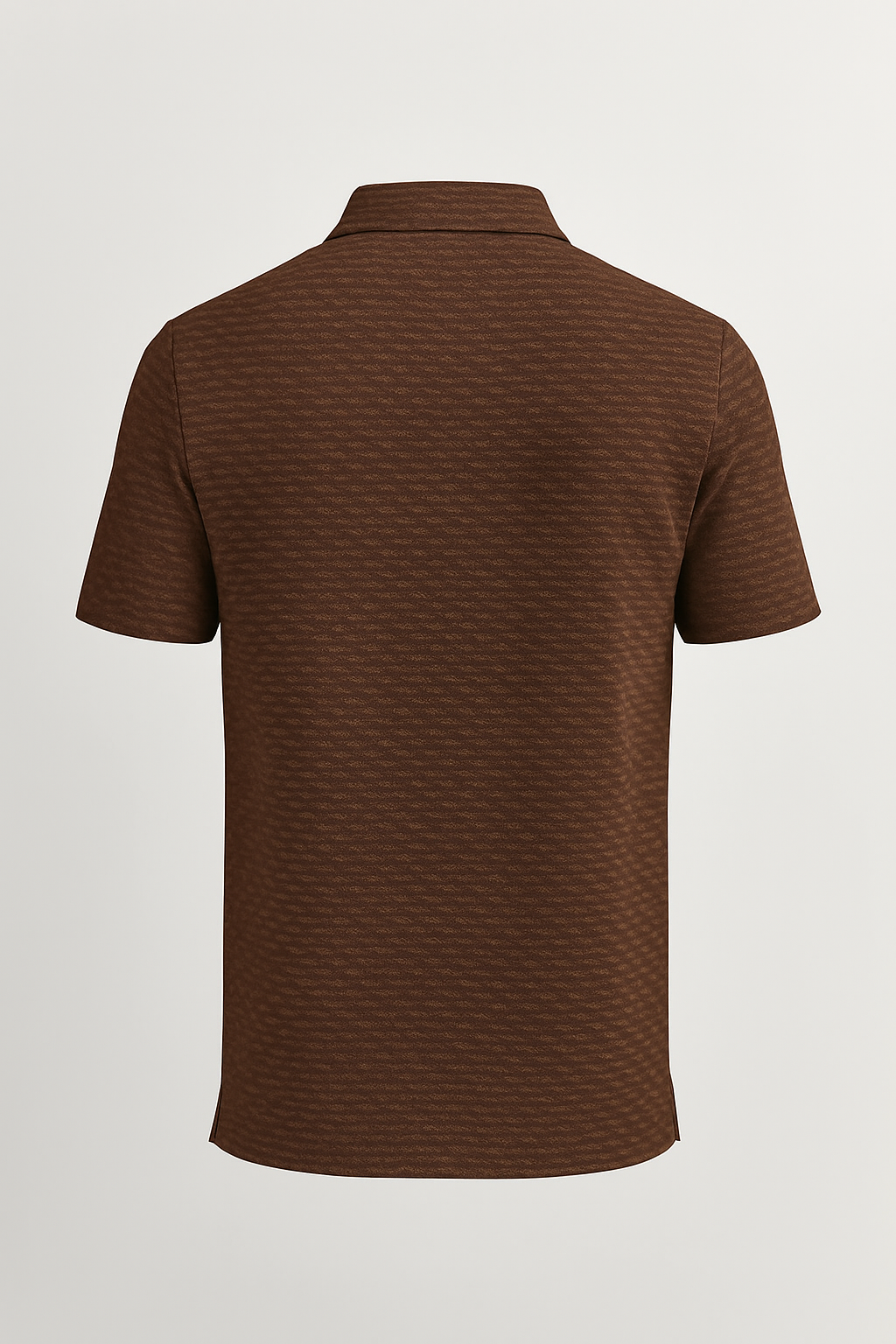 Back view of men's brown zip polo shirt with short sleeves and textured fabric