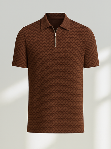 Men's brown zip polo shirt with short sleeves and textured pattern from My Store