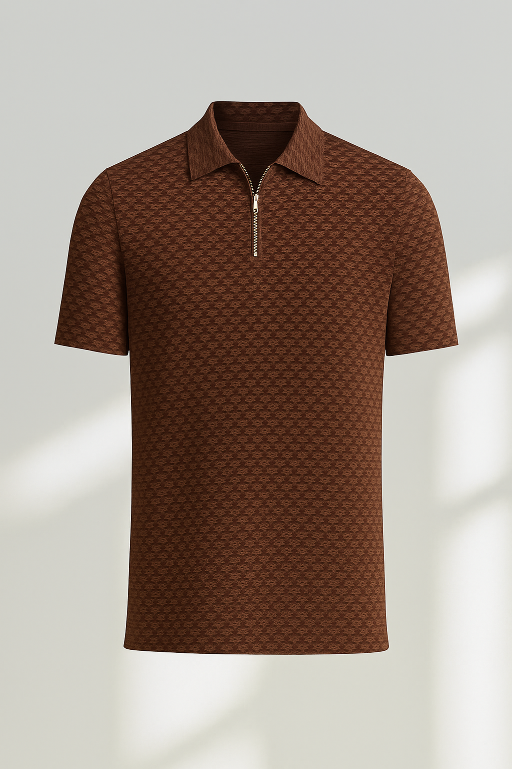 Men's Brown Zip Polo Shirt with Patterned Design