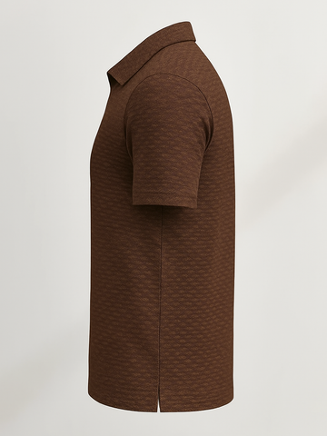 Men's brown zip polo shirt with short sleeves and textured fabric side view
