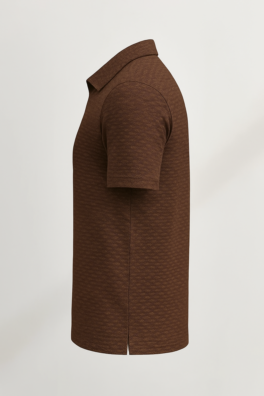 Men's brown zip polo shirt with short sleeves and textured fabric side view