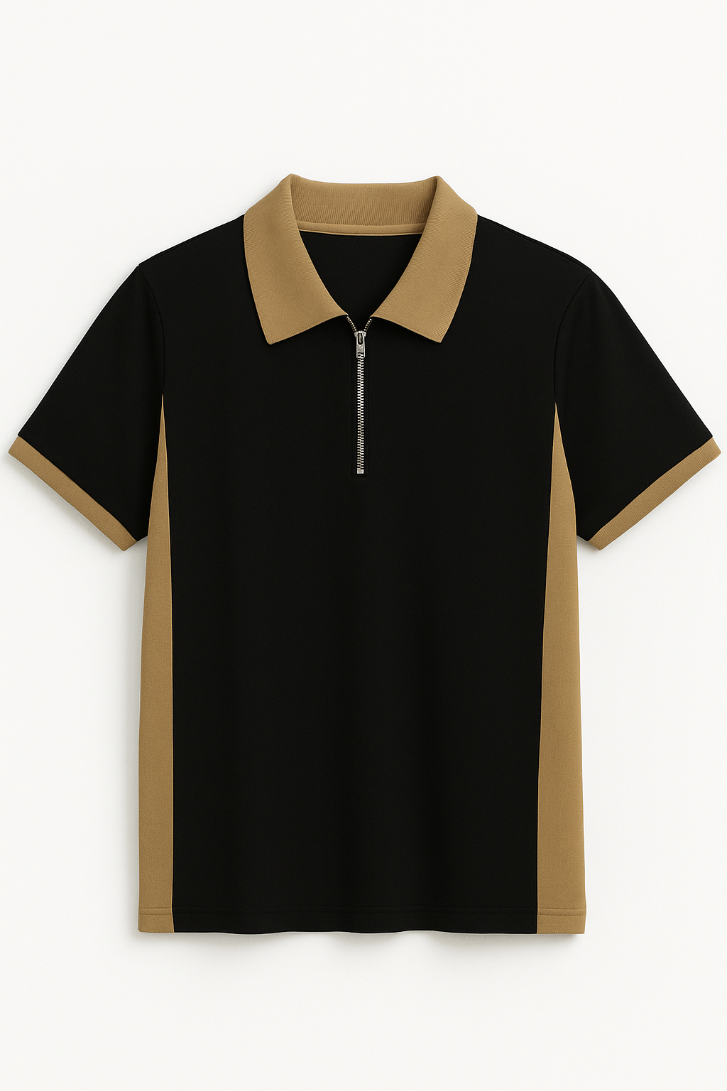 Black and tan men's half sleeve polo shirt with zipper collar and contrast side panels