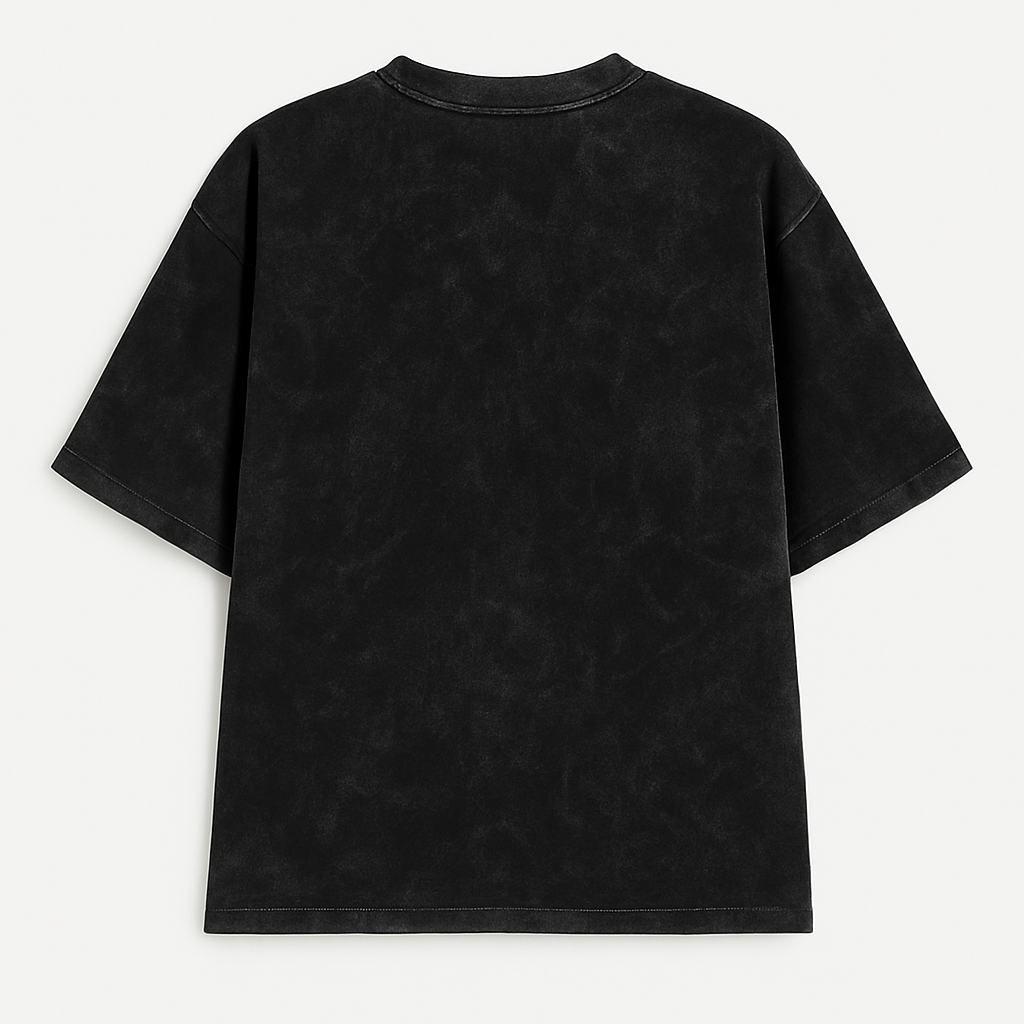 Back view of a black washed style midnight fade t-shirt with short sleeves and crew neckline