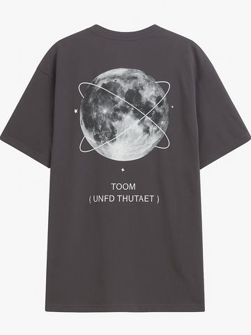 Moonlight gray t-shirt with large moon graphic and white orbit lines on the back