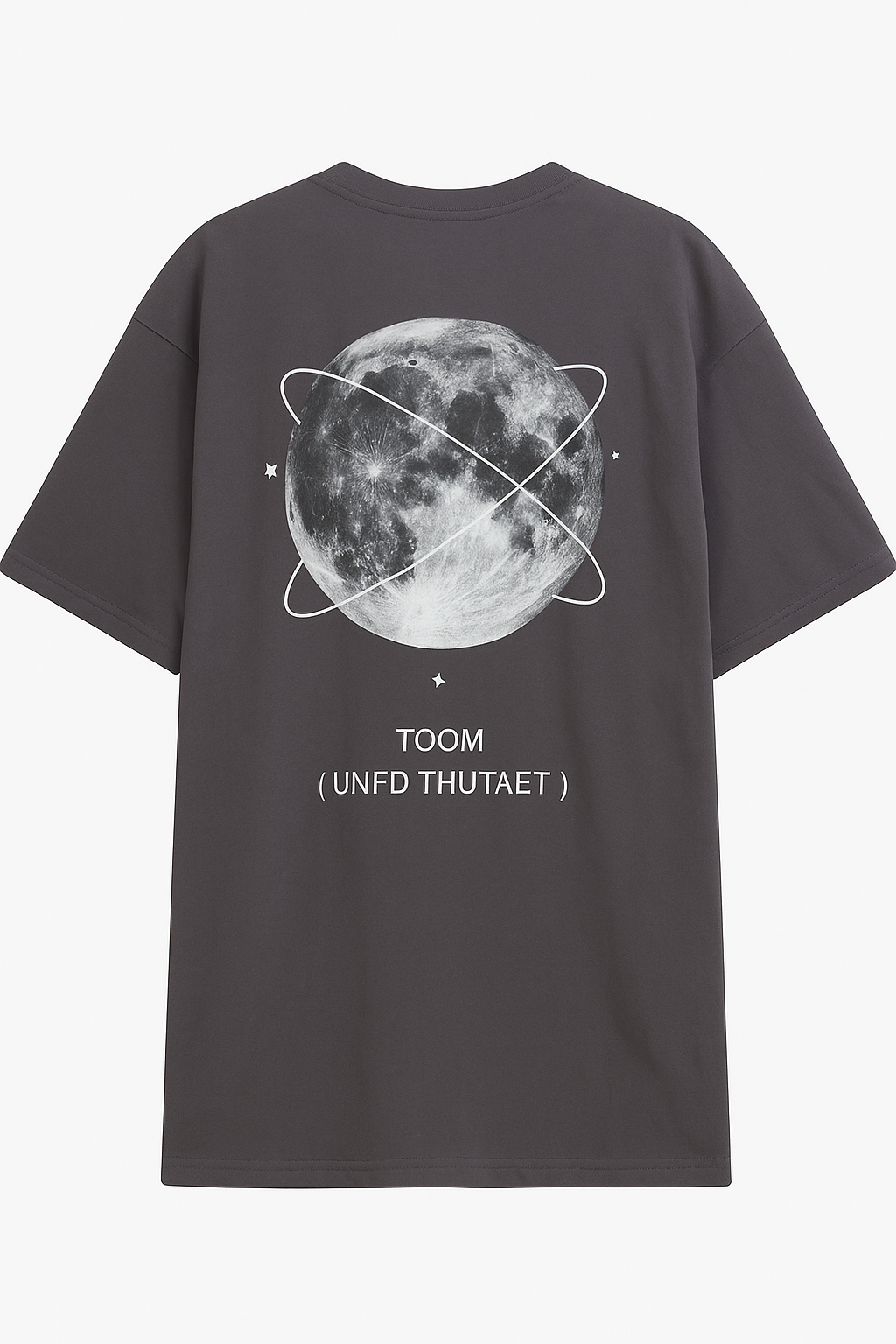 Moonlight gray t-shirt with large moon graphic and white orbit lines on the back