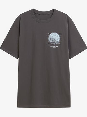 Moonlight gray t-shirt with round neck and small blue globe graphic on chest