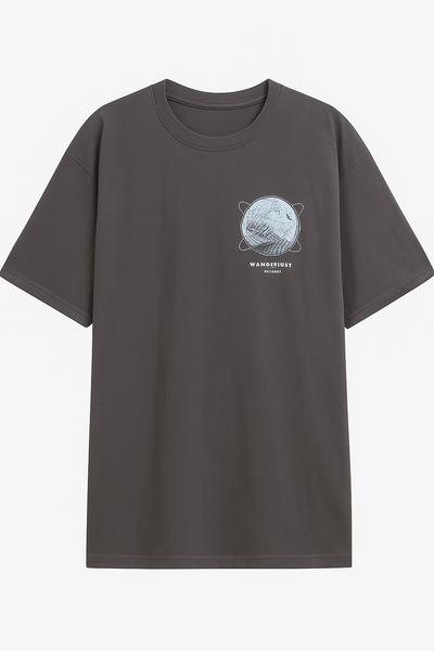 Moonlight gray t-shirt with round neck and small blue globe graphic on chest