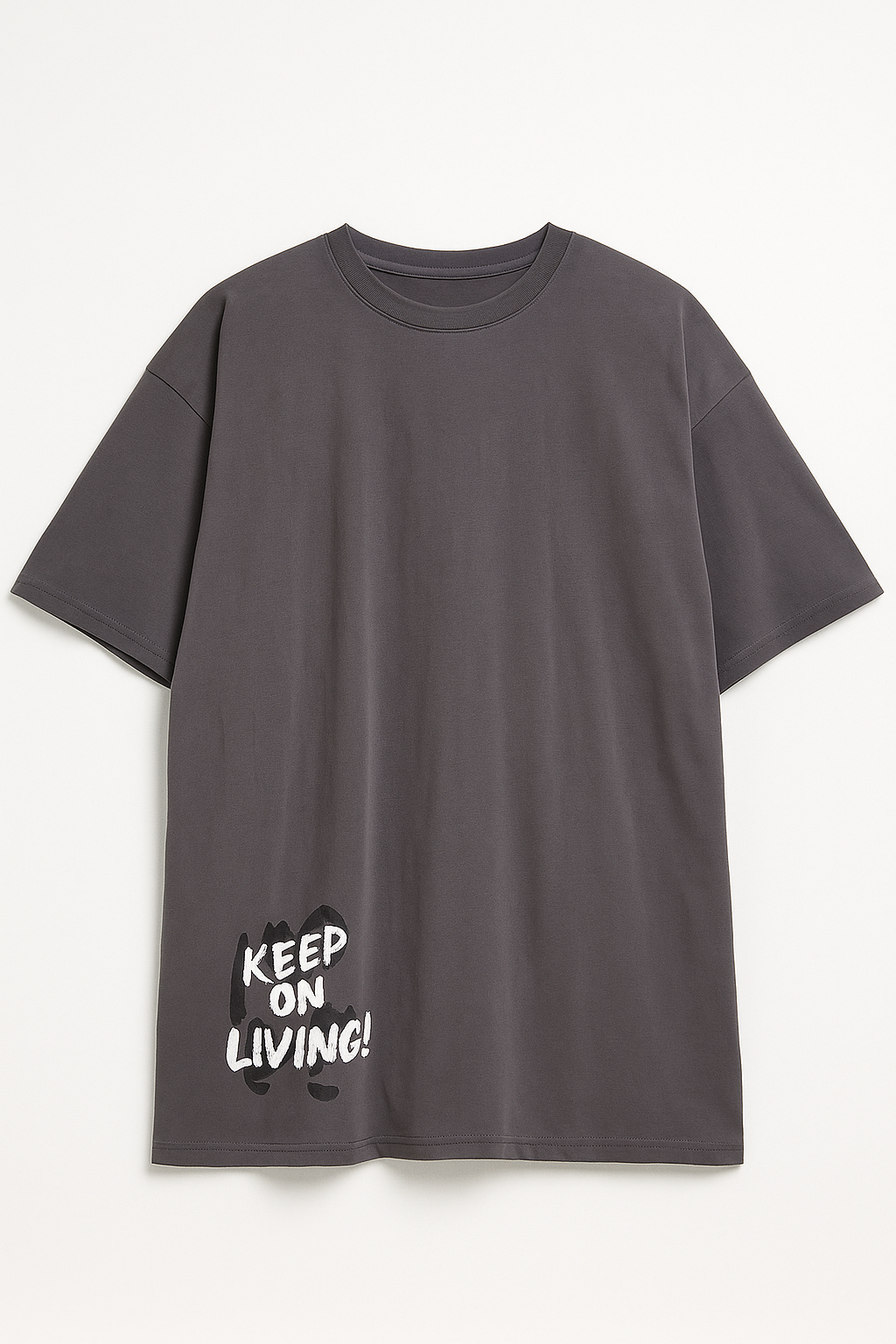 Black motivational graphic t shirt with white Keep On Living text printed on front bottom