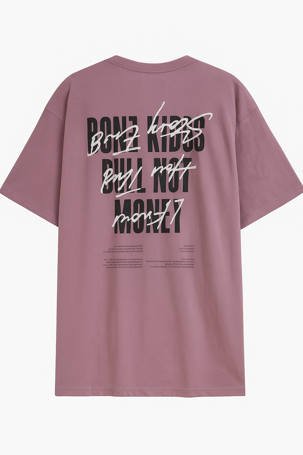 Back view of olive pink graphic tee with bold black and white text design on the back