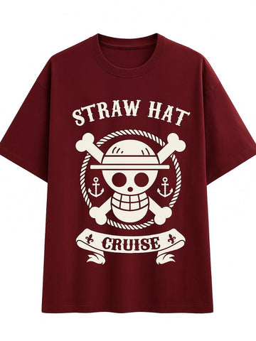 Maroon t-shirt with Straw Hat Cruise skull and crossbones graphic design oversized straw hat theme