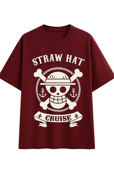 Maroon t-shirt with Straw Hat Cruise skull and crossbones graphic design oversized straw hat theme